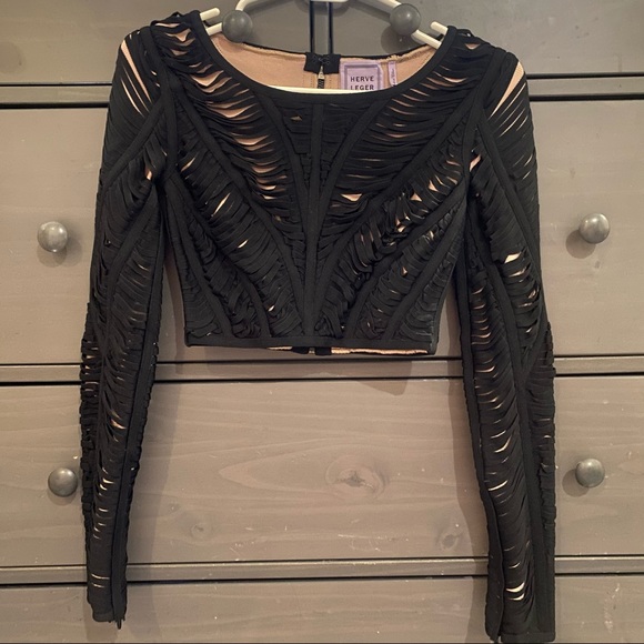 Herve Leger Tops - Herve Leger Black Cutout Long Sleeve Crop Top with Nude Lining